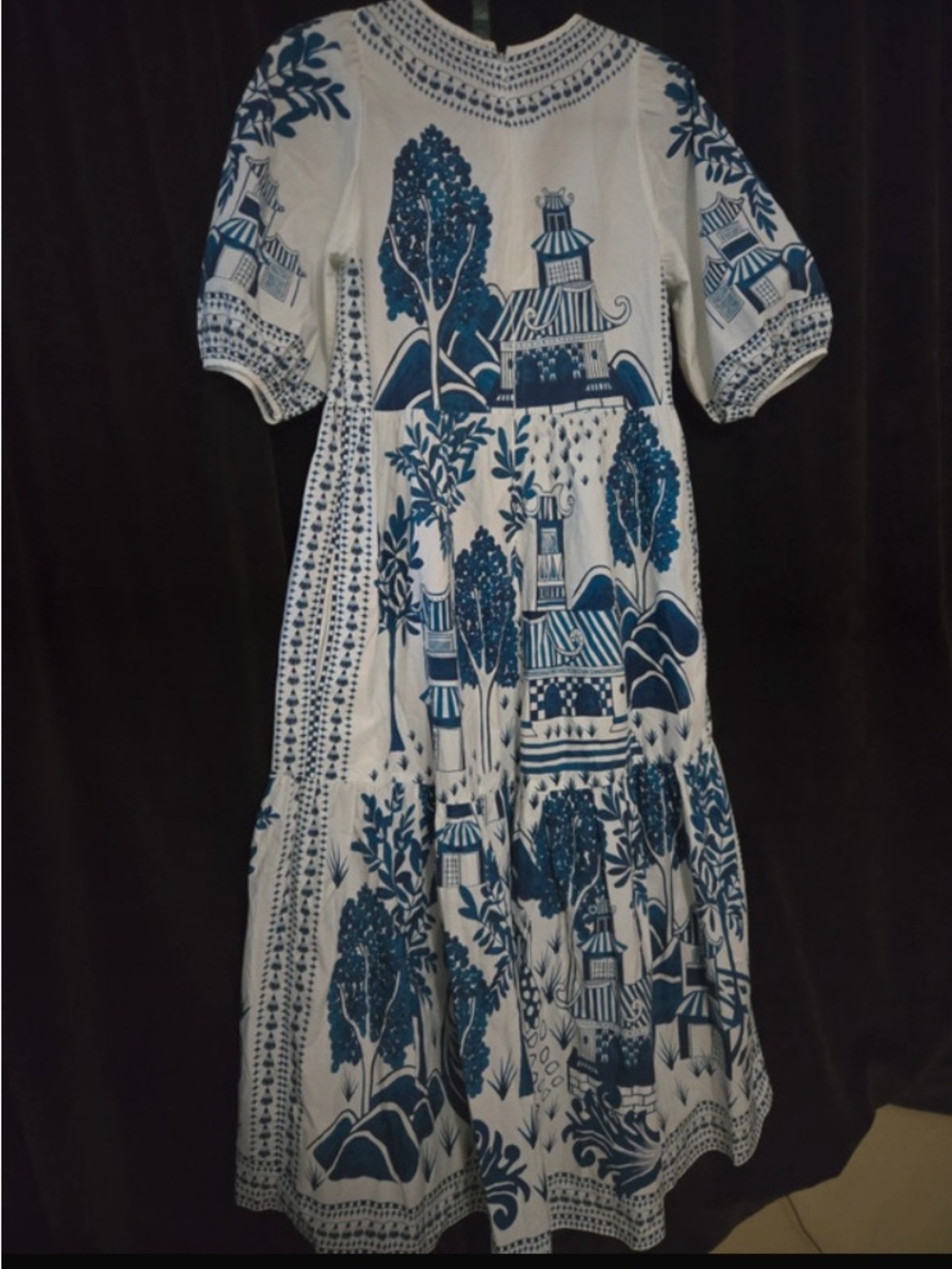 FARM RIO CHINOISERIE ENCHANTED GARDEN MIDI DRESS BLUE SMALL - Picture 7 of 9